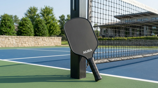 pickleball paddle put beside a net