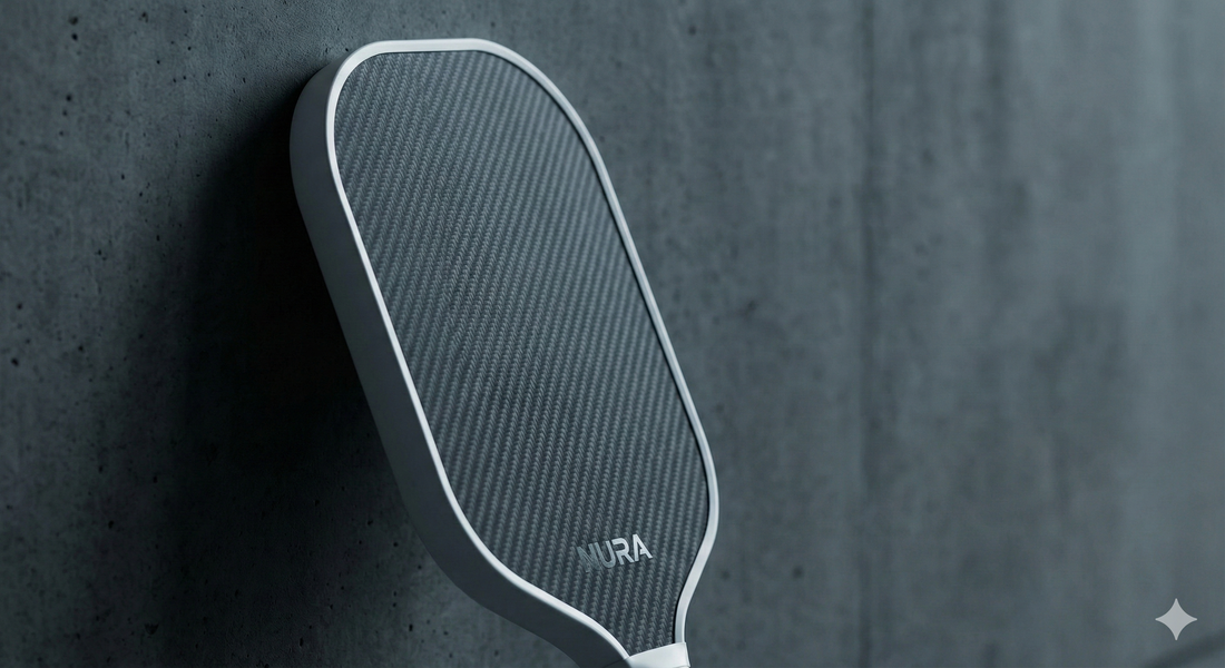 aluminum pickleball paddle standing by the wall