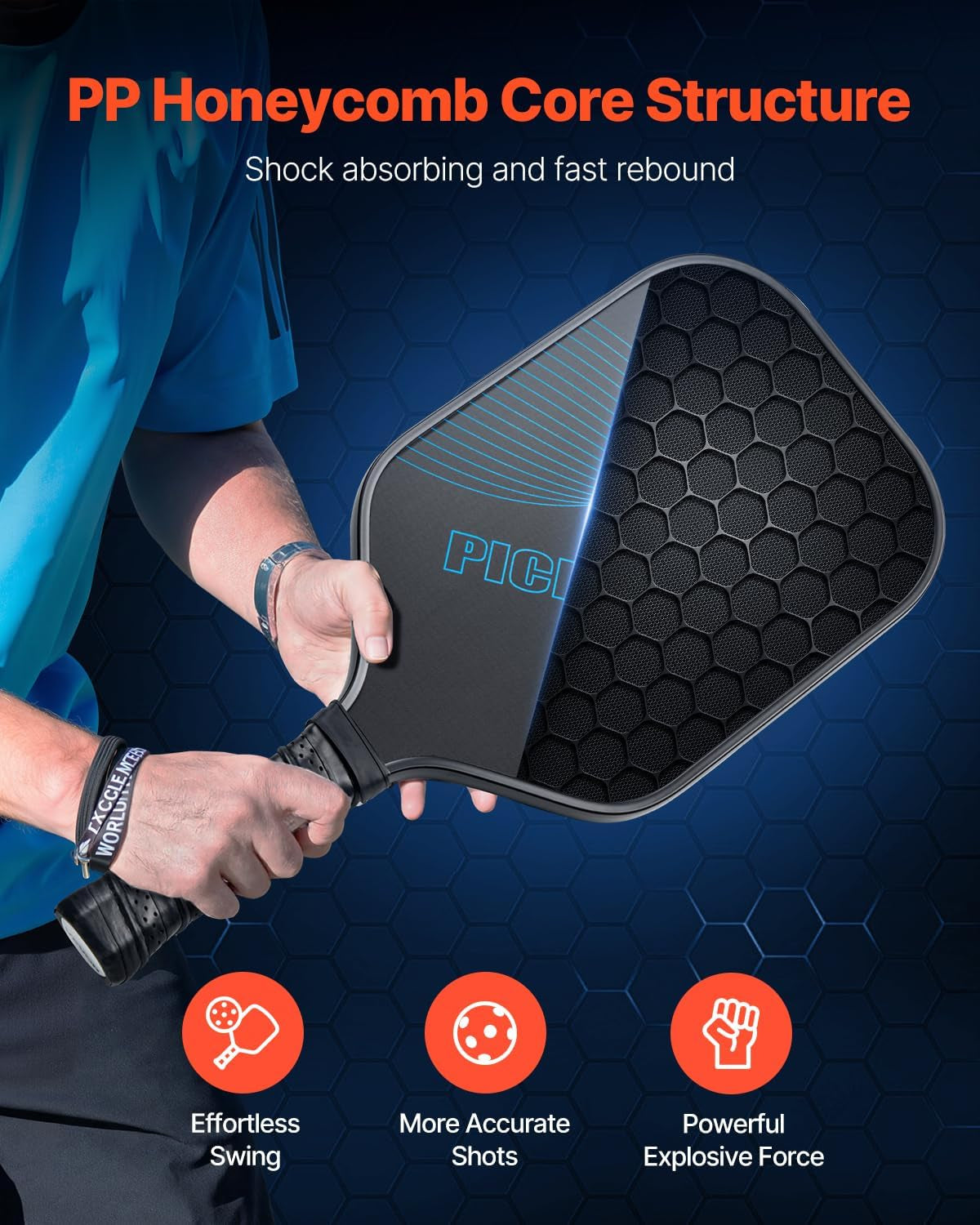 Pickleball Paddle, T700 Carbon Fiber Surface & Honeycomb Core, Pickleball Paddle