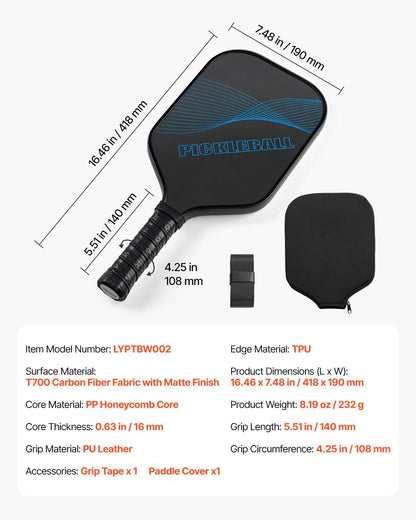 Pickleball Paddle, T700 Carbon Fiber Surface & Honeycomb Core, Pickleball Paddle