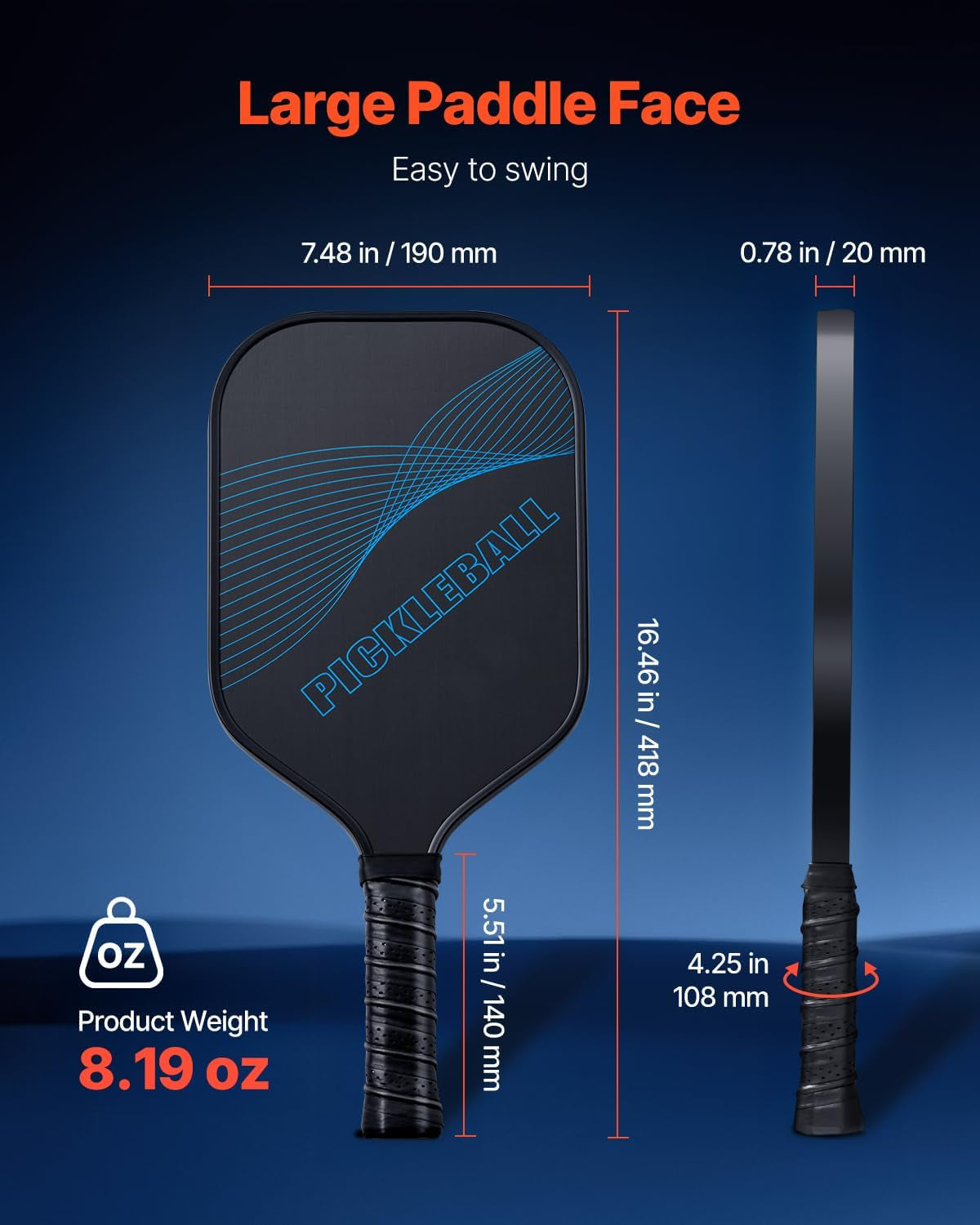 Pickleball Paddle, T700 Carbon Fiber Surface & Honeycomb Core, Pickleball Paddle