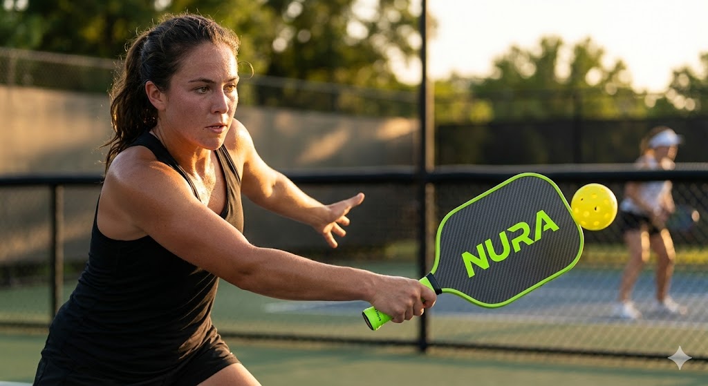 woman player playing pickleball with aura racket